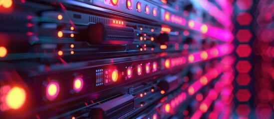 Obraz premium Close-up view of a modern data center server rack with vibrant LED lights and advanced high-tech equipment.