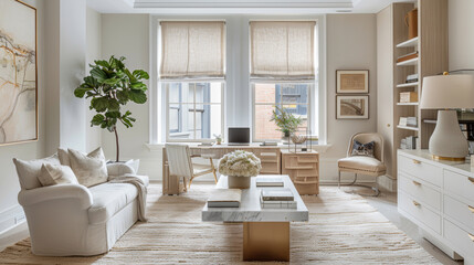 interior design photography, contemporary fashion editor office photo for architectural digest, natural textures, marble and fibers