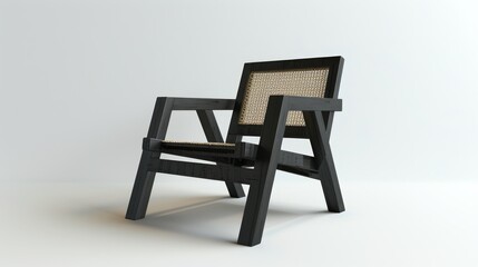 Black wooden chair with black wicker seat on white background. Mid-century wooden frame chair.