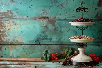 Two scales with different colored spices on them