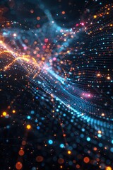 Fototapeta premium Abstract digital wave with glowing particles and light trails, representing futuristic technology and data flow.