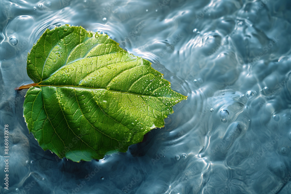 Wall mural green leaf on transparent and clean water