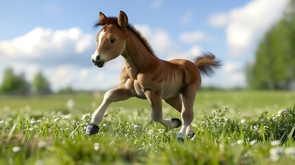 The horse baby running on the grass very detailed and realistic shape