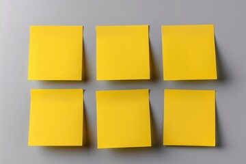 Fototapeta premium Six blank yellow sticky notes on gray background.