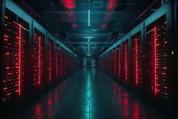 Fototapeta premium Modern data center with rows of server racks illuminated by red and blue lights representing high-tech infrastructure and cybersecurity