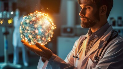 Fototapeta premium A doctor holds a glowing globe in his hand. The globe represents the world, and the doctor is holding it in his hand, showing that he is taking care of the world. 