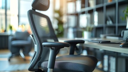 Modern black office chair with mesh backrest in a contemporary workspace.