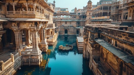 Ancient city with grand wells, rich historical significance, blue water reflecting the sky, intricate stonework, majestic and timeless