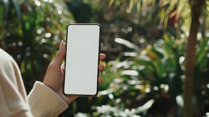 mock up phone in woman hand showing white screen. 