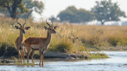 Fototapeta premium Two elegant antelopes stand in the shallow waters of a river, their graceful forms silhouetted against the tranquil waters. 