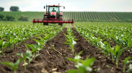 green shoots of soybean plants growing in a field. A red tractor is cultivating the field in the background.