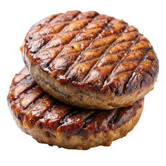 Fototapeta premium Two grilled hamburger patties closeup isolated on transparent background
