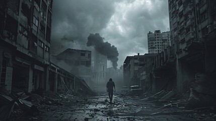Minimalist wide shot of a zombie stumbling through a dark grey urban area with dramatic lighting