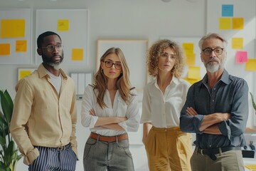 Diverse group of four professionals stand confidently in an office, arms crossed, with a wall of colorful sticky notes behind them.