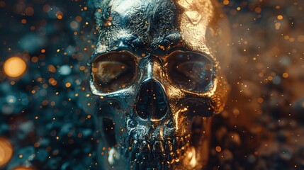 Close-up of a metallic silver Halloween skull with sparks