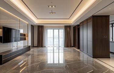 Modern luxurious empty living room with large TV and marble flooring