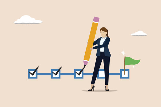 Project tracking, task completion or project progress, businesswoman holding big pencil to check completed tasks in project management timeline.