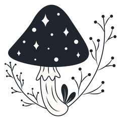 Celestial Magic Mushroom Clipart. Mystical Esoteric Elements. Isolated on White Background.