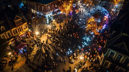 Fototapeta premium Aerial view of a Halloween parade with dramatic lighting and sparks