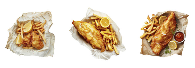 Fish and chips set on transparent background.