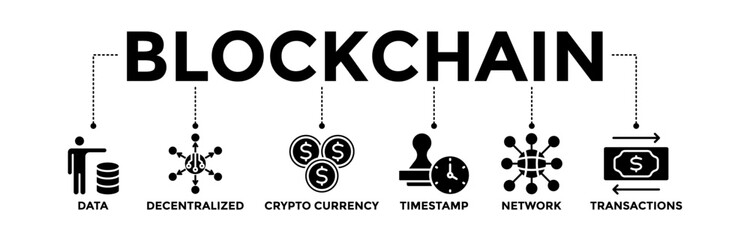 Blockchain banner icons set. Vector graphic glyph style with icon of data, decentralized, crypto currency, timestamp, network, and transactions 

