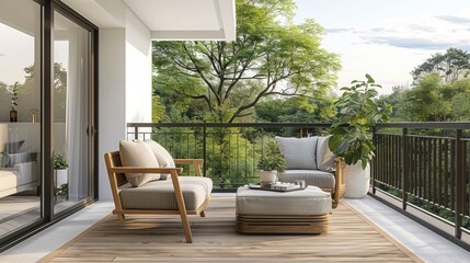 resort vacation home interior design wooden and cosy chair on comfort balcony daylight with beautiful nature sky background house beauty ideas concept