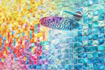 Obraz premium rainbow colored shower head is spraying water