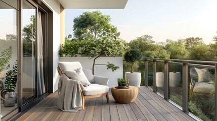 Naklejka premium resort vacation home interior design wooden and cosy chair on comfort balcony daylight with beautiful nature sky background house beauty ideas concept