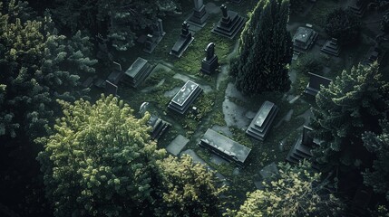 Minimalist graveyard aerial view with dark grey tones and dramatic lighting