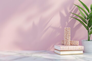 white wall with a pink background and a potted plant with a book on top of it