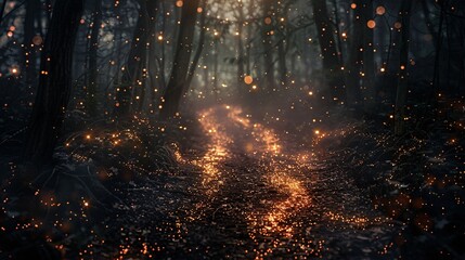 Minimalist eerie path wide shot with high contrast lighting and sparks