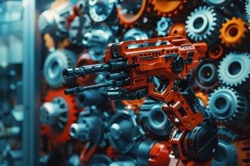 Fototapeta premium A red gun is displayed in front of a wall of gears