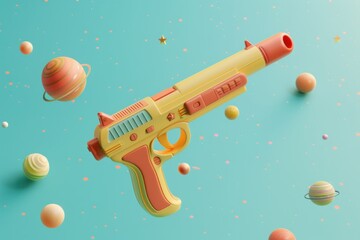 Naklejka premium A gun is flying through a space filled with colorful balls