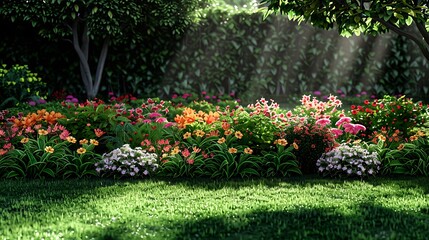 Fototapeta premium The mix border full bloom of flowers is highlighted by the green lawn very detailed and realistic shape