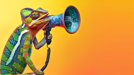 Colorful chameleon holding a megaphone on a yellow background. Studio animal portrait. Communication and announcement concept. Design for poster, banner, greeting card, invitation. Close-up shot.