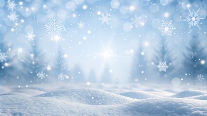 beautiful white empty winter idyll, shiny snowflakes on blurred winter landscape, christmas background with advertising space on snow cover, holiday season backdrop