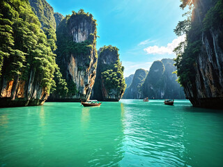 Bay of Phang Nga, wooden boats, towering cliffs, turquoise water, lush greenery, sunlight filtering through, serene, tropical paradise, digital painting style, vibrant colors