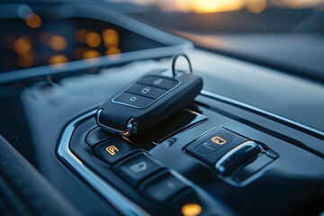 Close-up of keys on new car dashboard, minimalist design, backlight