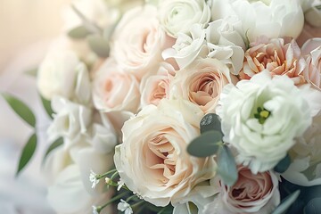 Obraz premium Minimalist wedding bouquet, close-up, soft colors, gentle backlight