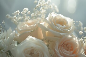 Fototapeta premium Minimalist wedding bouquet, close-up, soft colors, gentle backlight