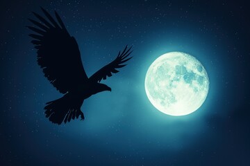 Fototapeta premium large black eagle is flying over a large yellow moon