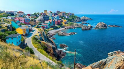 Landscape view of colorful houses along a rocky shoreline, blue sea in the background, winding road in foreground, vibrant and picturesque
