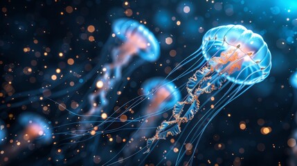 Obraz premium Luminescent cosmic jellyfish swimming through a starry expanse, stars sparkling, moving across the cosmic void, detailed and captivating