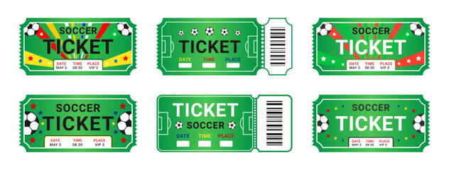 Soccer ticket pass set. Football championship tournament game invitation coupon symbol. Vector illustration isolated on white background