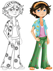 Colorful and black-and-white hippie boy illustration