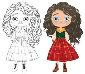 Adorable girl with curly hair and plaid skirt