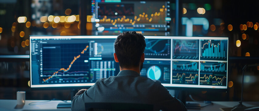 A data analyst working with complex graphs and charts on a dual monitor setup.