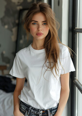 portrait of a woman wearing a white T-shirt indoors