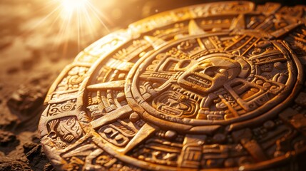 Obraz premium Magic light enhancing Aztec Sun Stone, detailed carvings revealing cultural heritage, intricate patterns, historical and enchanting
