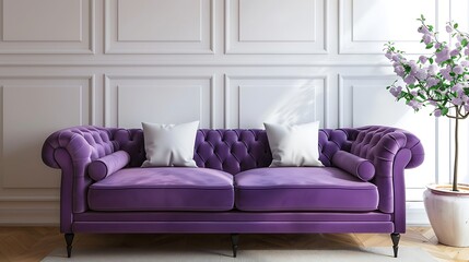 The purple sofa in the living room white architecture background very detailed and realistic shape